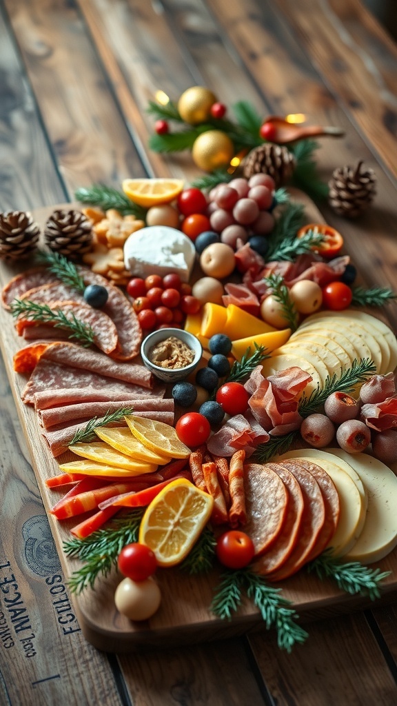 Festive Christmas Charcuterie Board Ideas A festive charcuterie board with meats, cheeses, fruits, and holiday decorations.